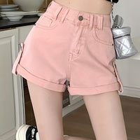 Distressed High Waist Denim Shorts for Women - Fashionable Slash Pockets A-Line Design, Comfortable Fit, Versatile Summer Style - Short Denim Pants, Womens Jeans Clothing