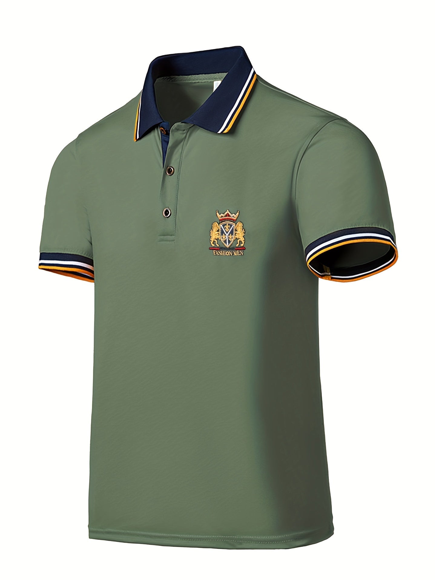 Men's Casual Shirt - Vibrant Red with Golden Embroidered Crest, Short Sleeve Summer Shirt, Regular Fit, Black & Yellow Trim Collar, Breathable Fabric for Casual & Semi-Formal Wear, Contrast Stripe Detailing