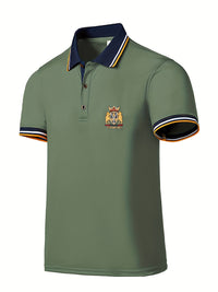 Men's Casual Shirt - Vibrant Red with Golden Embroidered Crest, Short Sleeve Summer Shirt, Regular Fit, Black & Yellow Trim Collar, Breathable Fabric for Casual & Semi-Formal Wear, Contrast Stripe Detailing