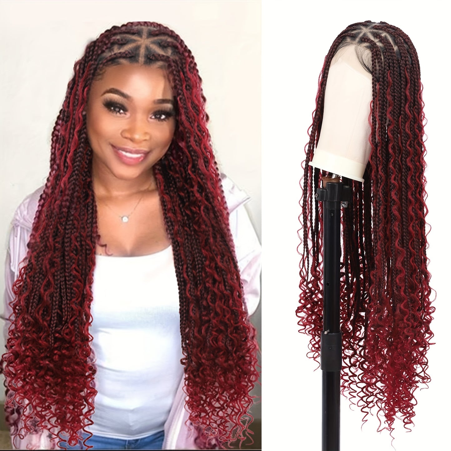 36 Bohemian Chic Box Braids Wig - Triangle Knotless & Curly - Synthetic Embroidered Double Lace Wigs for Women