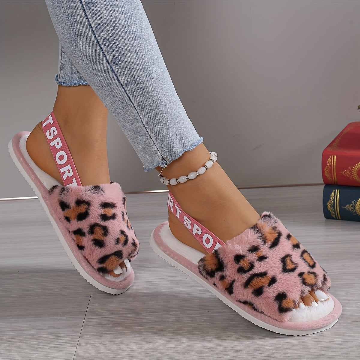 Leopard Print Fuzzy Flat Slippers, Open Toe Elastic Strap Slip On Shoes, Cozy & Warm Home Slipper Sandals