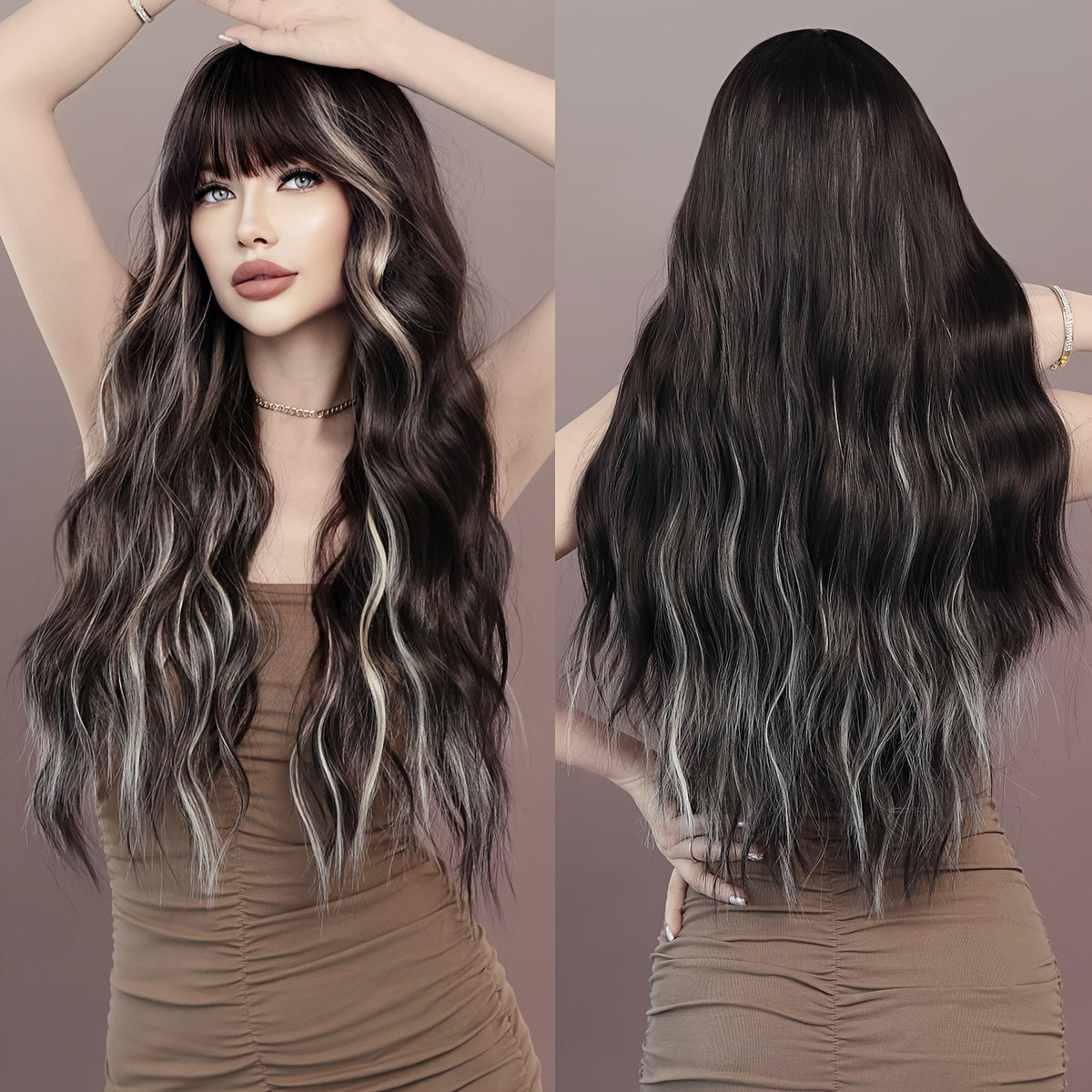 Highlight Long Curly Wavy Wig With Bangs Synthetic Wig Beginners Friendly Heat Resistant Elegant For Daily Use Wigs For Women