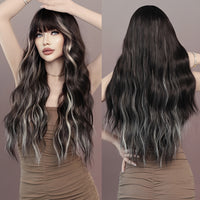Highlight Long Curly Wavy Wig With Bangs Synthetic Wig Beginners Friendly Heat Resistant Elegant For Daily Use Wigs For Women