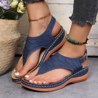 Womens Retro Charm Wedge Sandals - Comfort Thong, Adjustable Buckle, Open Toe Slingback - Casual Solid Color Style