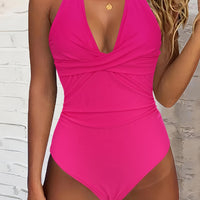 V Neck Halter Tie Neck One Piece Bathing Suit, Backless High Strech Plain Or Printed Swimsuit, Women's Swimwear & Clothing