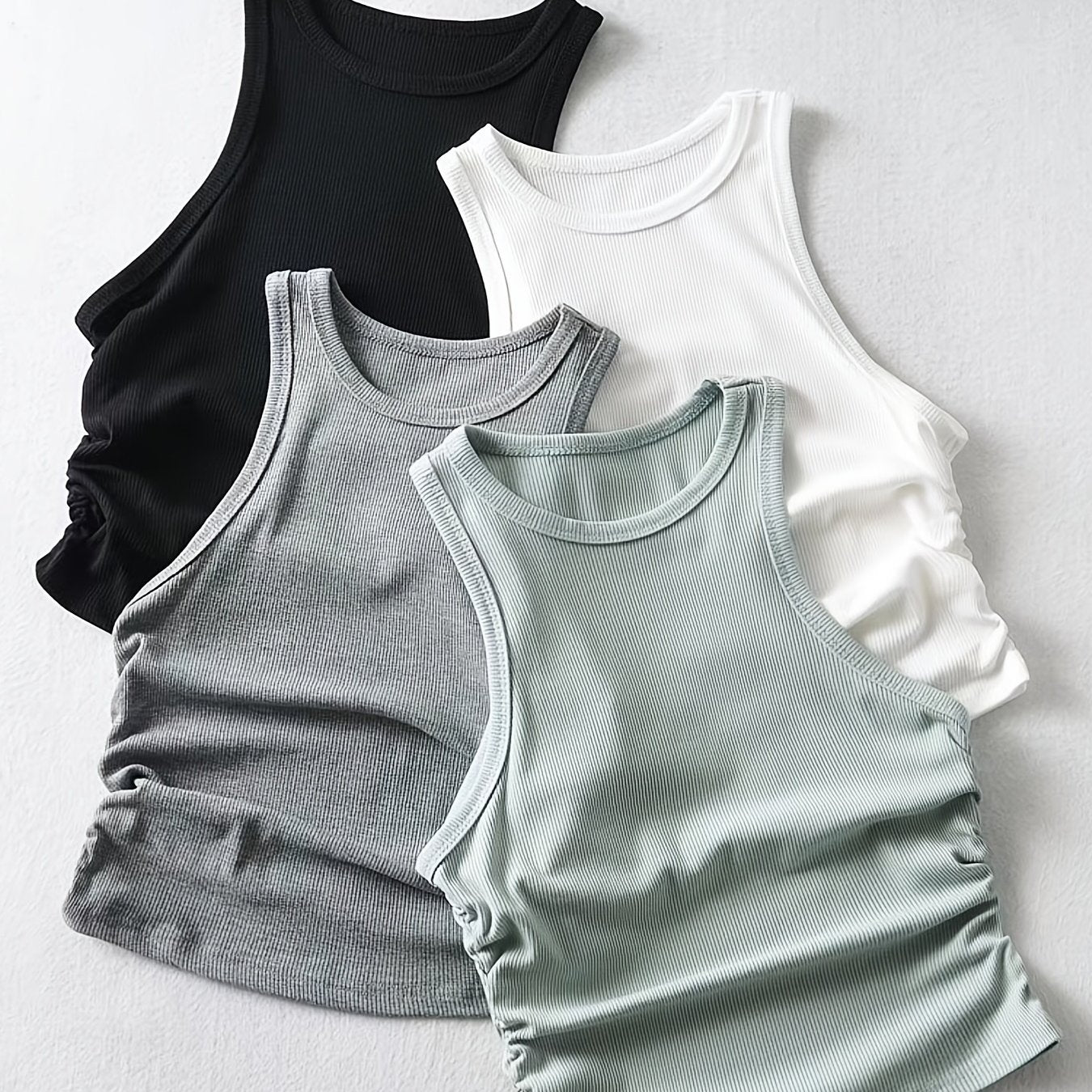 4 Packs Side Ruched Tank Tops, Y2K Crew Neck Tank Tops For Summer, Women's Clothing