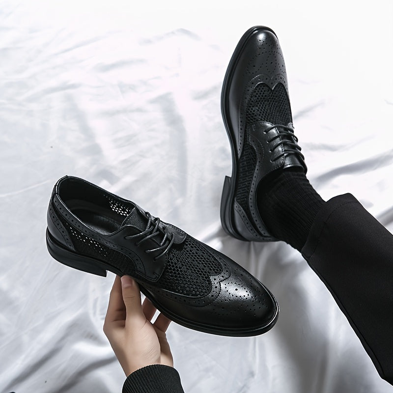 Men's Solid Color Vintage Wingtip Brogue Toe Derby Shoes, Comfy Non Slip Durable Rubber Sole Lace Up Dress Shoes, Men's Footwear