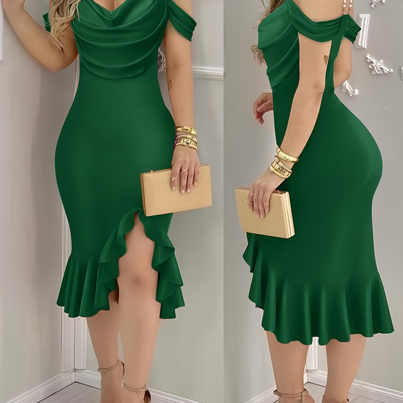 Shoulder Pearls Strap Bodycon Dress Cowl Neck Ruffle Hem Party Dresses