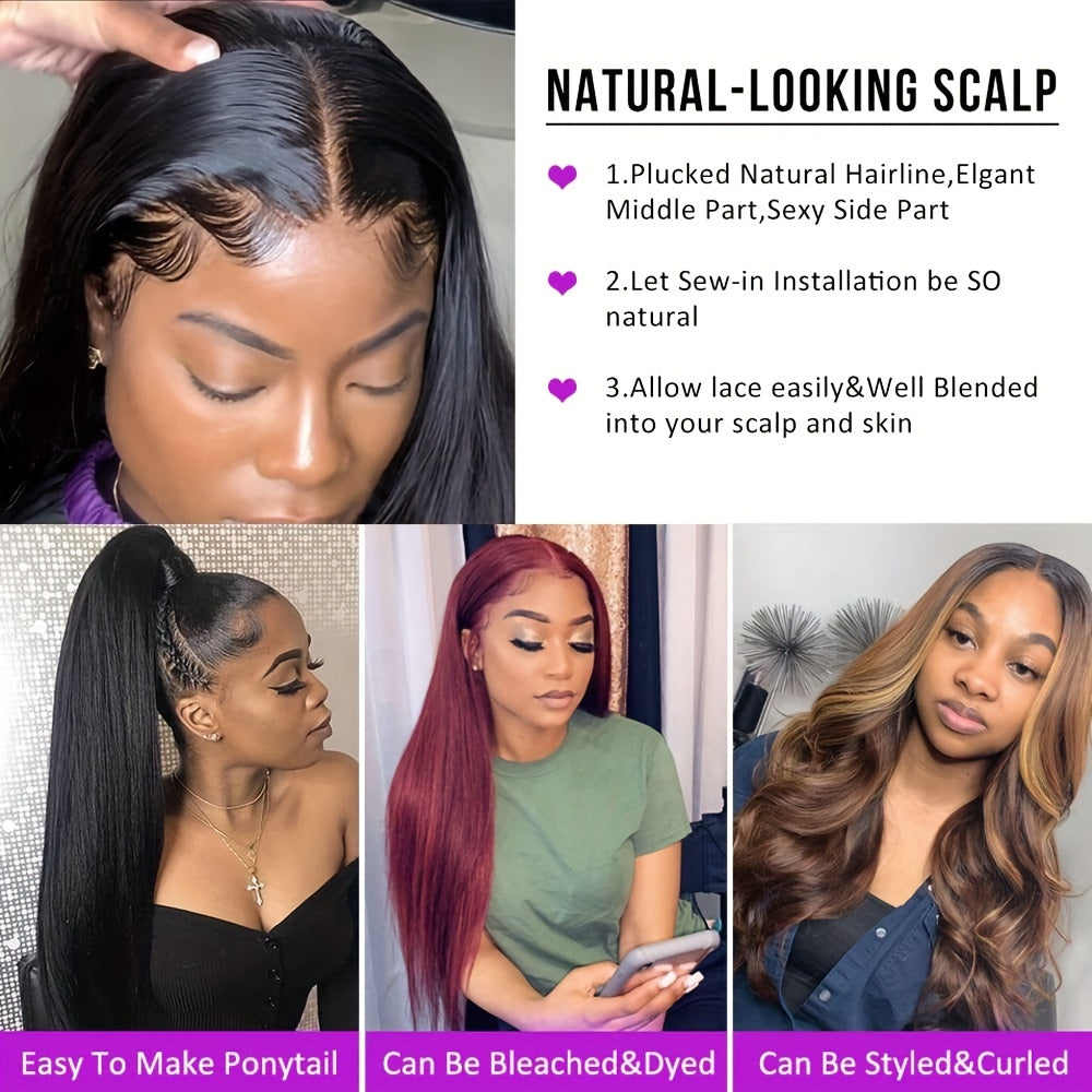 13x6 HD Transparent Lace Front Wig for Women - 180% Density, Pre-Plucked Straight Human Hair, Glueless Design, Natural Black Color, Versatile Styling Options for Ponytails and Braids