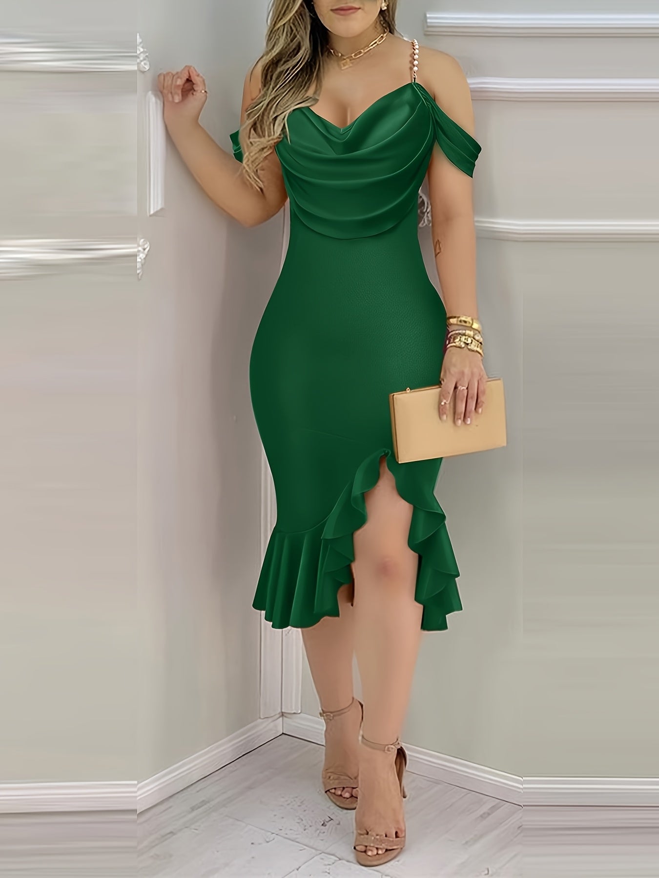 Shoulder Pearls Strap Bodycon Dress Cowl Neck Ruffle Hem Party Dresses