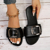 Women's Square Buckle Design Slide Sandals, Casual Slip On Flat Summer Shoes, Lightweight Beach Shoes