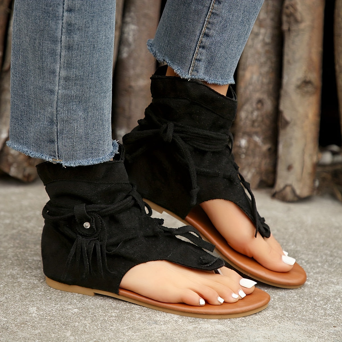 Cross-border Cool Boots European and American Hot Selling Retro Comfortable Flat Bottom Tassel Hollow Toe Women's Sandals