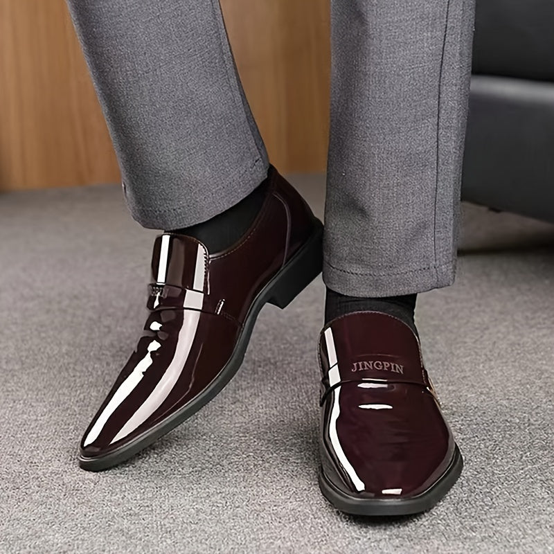 Men's Solid Color Faux Patent Leather Upper Slip On Loafer Shoes, Comfy Non Slip Casual Business Style Dress Shoes, Men's Footwear