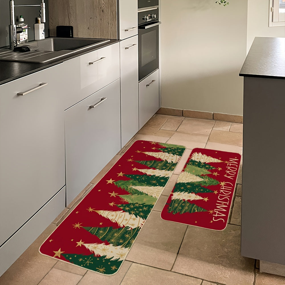 Merry Christmas Kitchen Mats Set Of 2, Red Xmas Tree Winter Farmhouse Style Home Kitchen Decorations Rugs For Floor- 17x29 And 17x47 Inch BT007