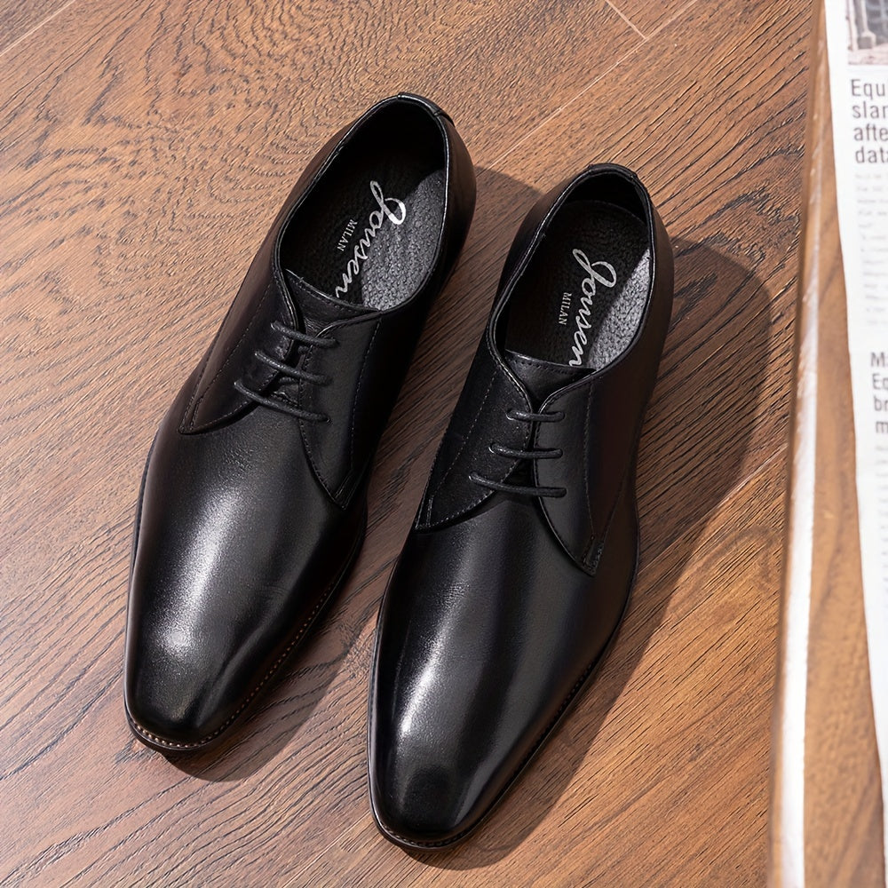 Men's Solid Colour Top Grain Leather Plain Toe Oxford Shoes, Comfy Non Slip Durable Rubber Sole Lace Up Formal Shoes, Men's Footwear