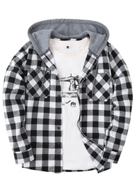 Long Sleeve Casual Regular Fit Button Up Hooded Shirts Jacket, Plaid Shirt Coat For Men