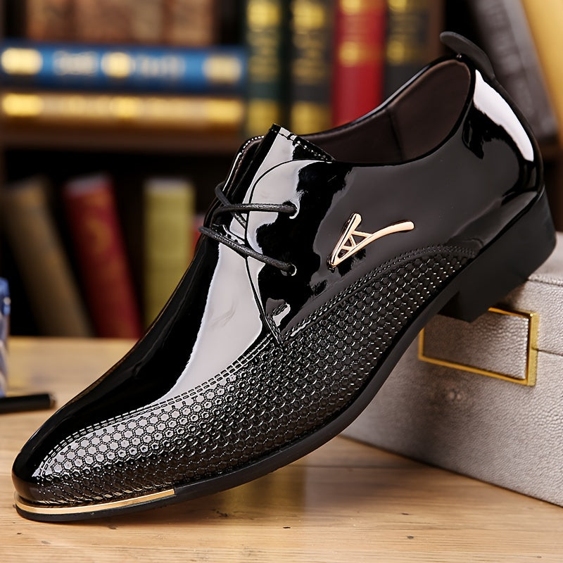 Plus Size Men's Faux Patent Leather Upper Derby Shoes, Comfy Non Slip Rubber Sole Durable Dress Shoes, Men's Footwear