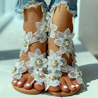[Flowers Flat Women's Sandals] Women's Flowers Flat Sandals, Fashion Toe Loop Faux Pearl Slip On Shoes, Casual Beach Travel Sandals