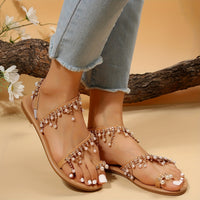 Women's Faux Pearl Flat Sandals, Stylish Rhinestone Toe Loop Slip On Shoes, Outdoor Beach Non Slip Sandals
