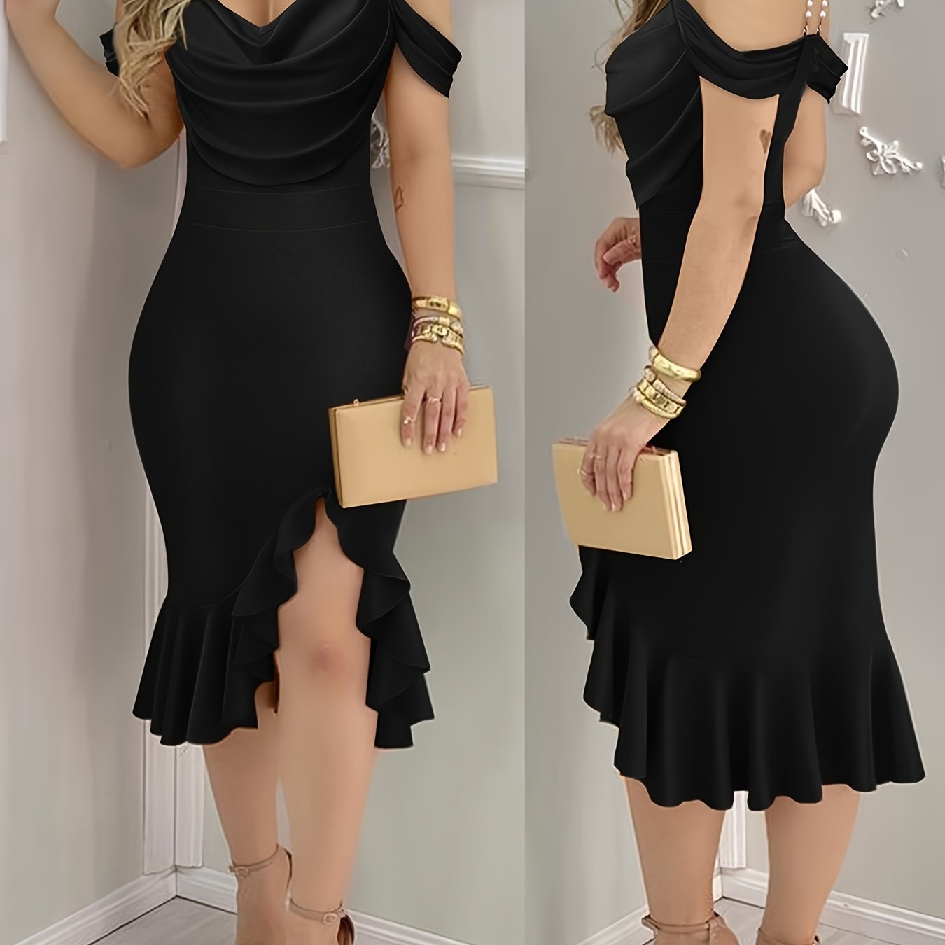 Shoulder Pearls Strap Bodycon Dress Cowl Neck Ruffle Hem Party Dresses
