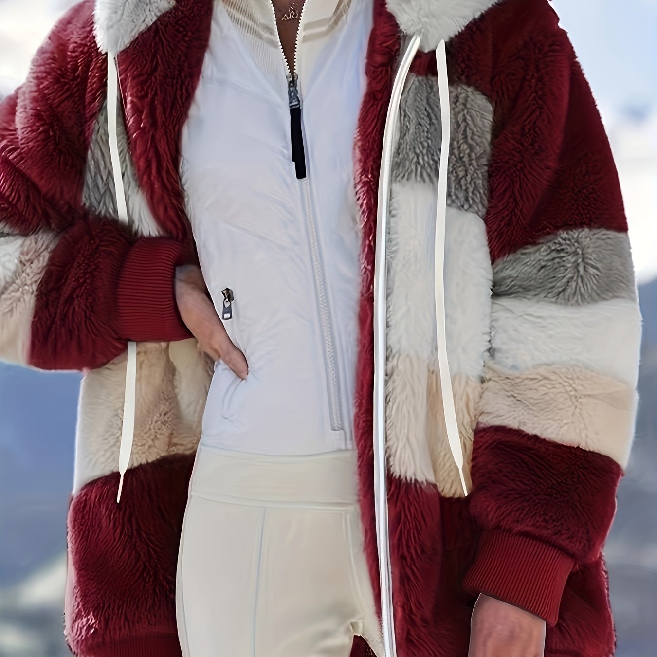 Womens Ultra-Soft Teddy Fleece Color Block Hooded Coat - Stylish Zip Up Winter Warm Outerwear with Full Hood and Long Sleeves - Trendy Casual Clothing for Chilly Days