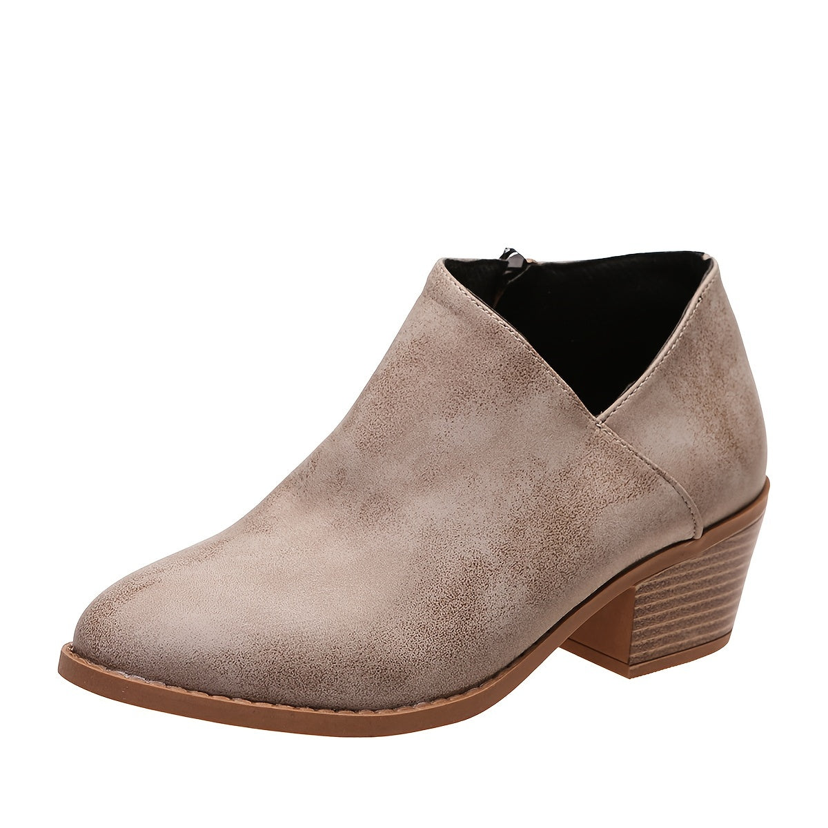 Ankle Stacked Heel Women's Short Boots with V Cut Side Zipper and Non Slip Sole