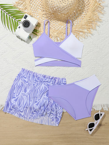 3pcs Fashionable Girls Bikini Swimwear Set - Comfortable, Quick-Dry Bathing Suit with Adjustable Straps - Perfect Sun-Ready Summer Clothes for Beach Vacations