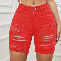 Ripped Raw Hem Denim Shorts, Distressed Plain Red Bermuda Denim Shorts, Women's Denim Jeans & Clothing