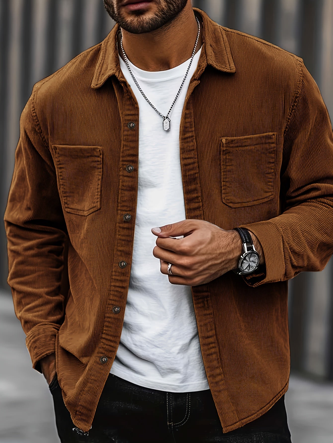 [Corduroy Casual Shirt] Light Blue Corduroy Men's Casual Shirt Jacket | Classic Collar, Button-Up Long Sleeve with Double Chest Pockets, Perfect for Spring & Fall, Everyday Fashion, Street Style, and Office Wear