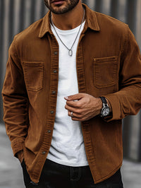 [Corduroy Casual Shirt] Light Blue Corduroy Men's Casual Shirt Jacket | Classic Collar, Button-Up Long Sleeve with Double Chest Pockets, Perfect for Spring & Fall, Everyday Fashion, Street Style, and Office Wear