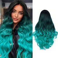 Long Wavy Wig Ombre Bluish Green Wigs Long Curly Ombre Color Hair Wigs Middle Part Synthetic Mermaid Green Wigs For Women Daily Party Cosplay