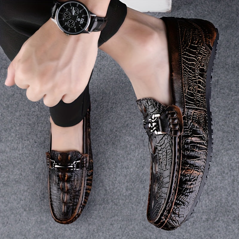 Men's Solid Color Lightweight Slip On Split Cow Leather Upper Loafer Shoes, Comfy Non Slip Casual Rubber Sole Dress Shoes, Men's Footwear