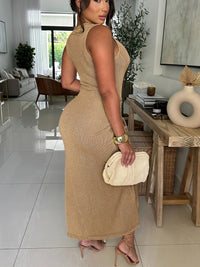 Womens Sexy Summer Dresses Sleeveless Round Neck Thigh-high Slit Ruched Bodycon Maxi Club Cocktail Party Dress