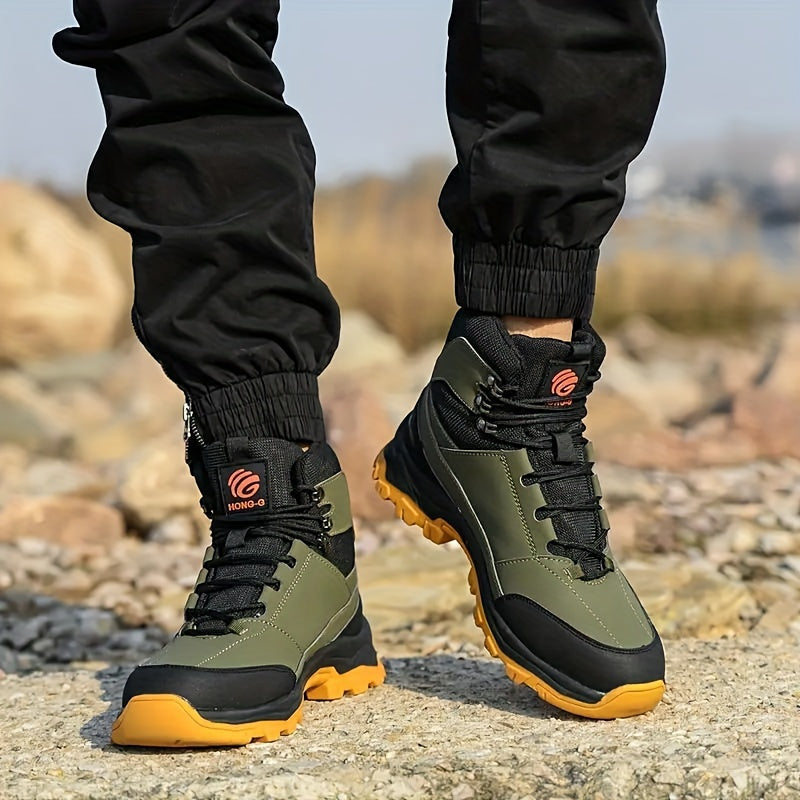 Men's High Top Color Block Steel Toe & Puncture Proof Work Boots, Comfy Non Slip Durable Rubber Sole Lace Up Shoes, Men's Footwear