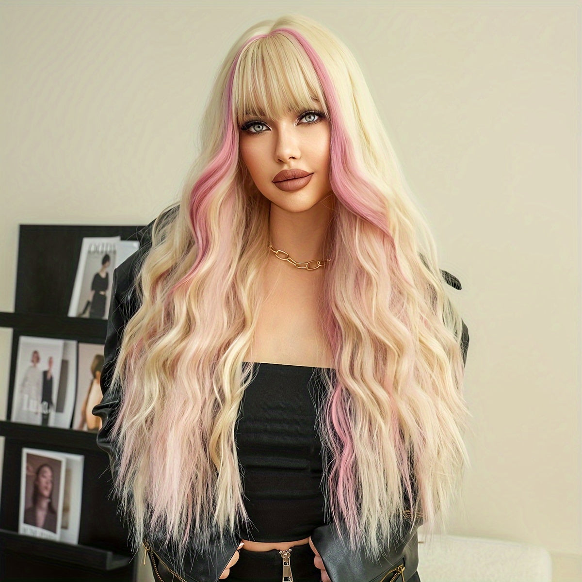 Highlight Long Curly Wavy Wig With Bangs Synthetic Wig Beginners Friendly Heat Resistant Elegant For Daily Use Wigs For Women