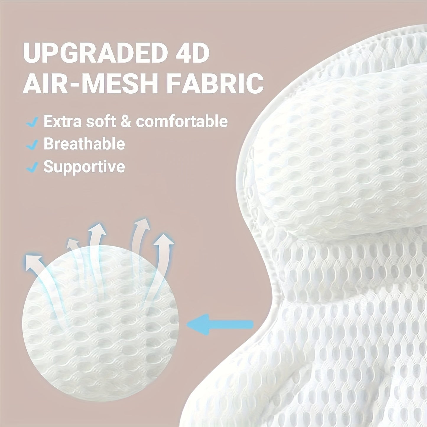 Non-Slip Bath Pillow for Head, Neck, and Back Support - 4D Air Mesh Soft Tub Pillow with 6 Suction Cups - Perfect for Spa Cushion and Tub Use - White
