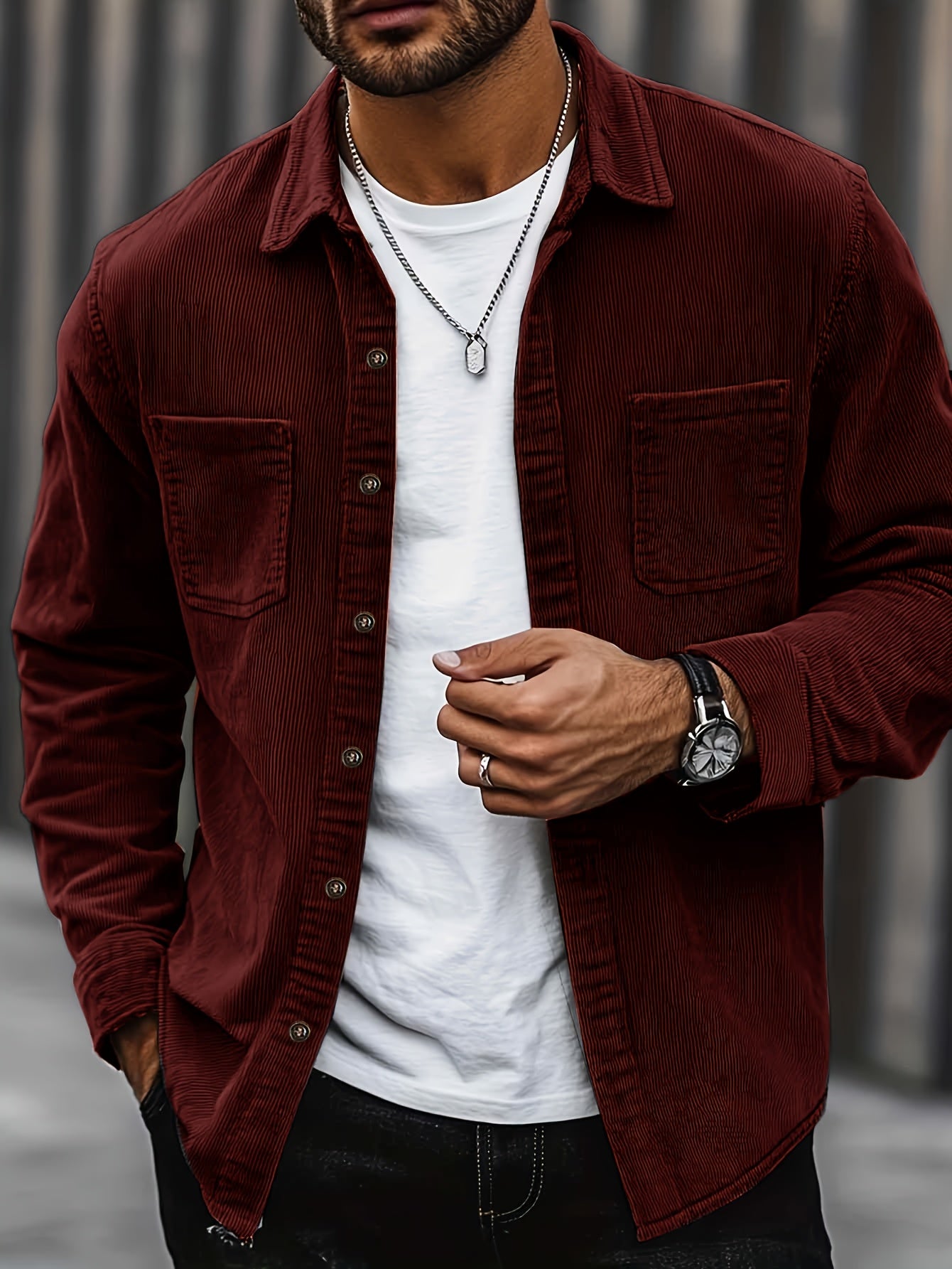 [Corduroy Casual Shirt] Light Blue Corduroy Men's Casual Shirt Jacket | Classic Collar, Button-Up Long Sleeve with Double Chest Pockets, Perfect for Spring & Fall, Everyday Fashion, Street Style, and Office Wear