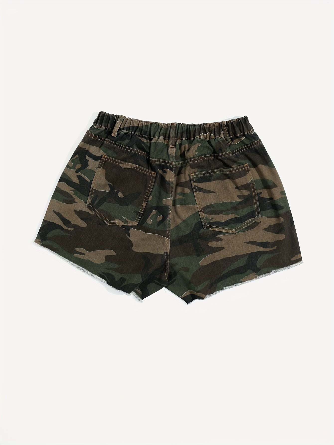 Women's Plus Size Casual Camouflage Denim Shorts, Frayed Hem, High-Waisted Summer Fashion, Camo Pattern, Streetwear Style