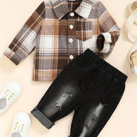 Boy's Casual Plaid Button-Up Shirt & Ripped Imitation Denim Pants Set - Cozy Polyester, Non-Transparent, Perfect for Fall/Winter, Perfect for Outdoor