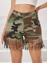 Women's Stretch Camo Tassel Denim Shorts - Sexy, High-Waisted with Fringe Detail, Cotton Blend, Perfect for Spring/Summer