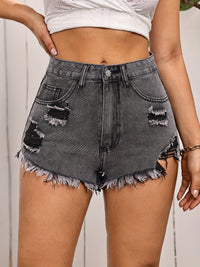 Ripped Raw Hem Denim Shorts, Distressed Washed Grey Denim Shorts, Women's Denim Jeans & Clothing