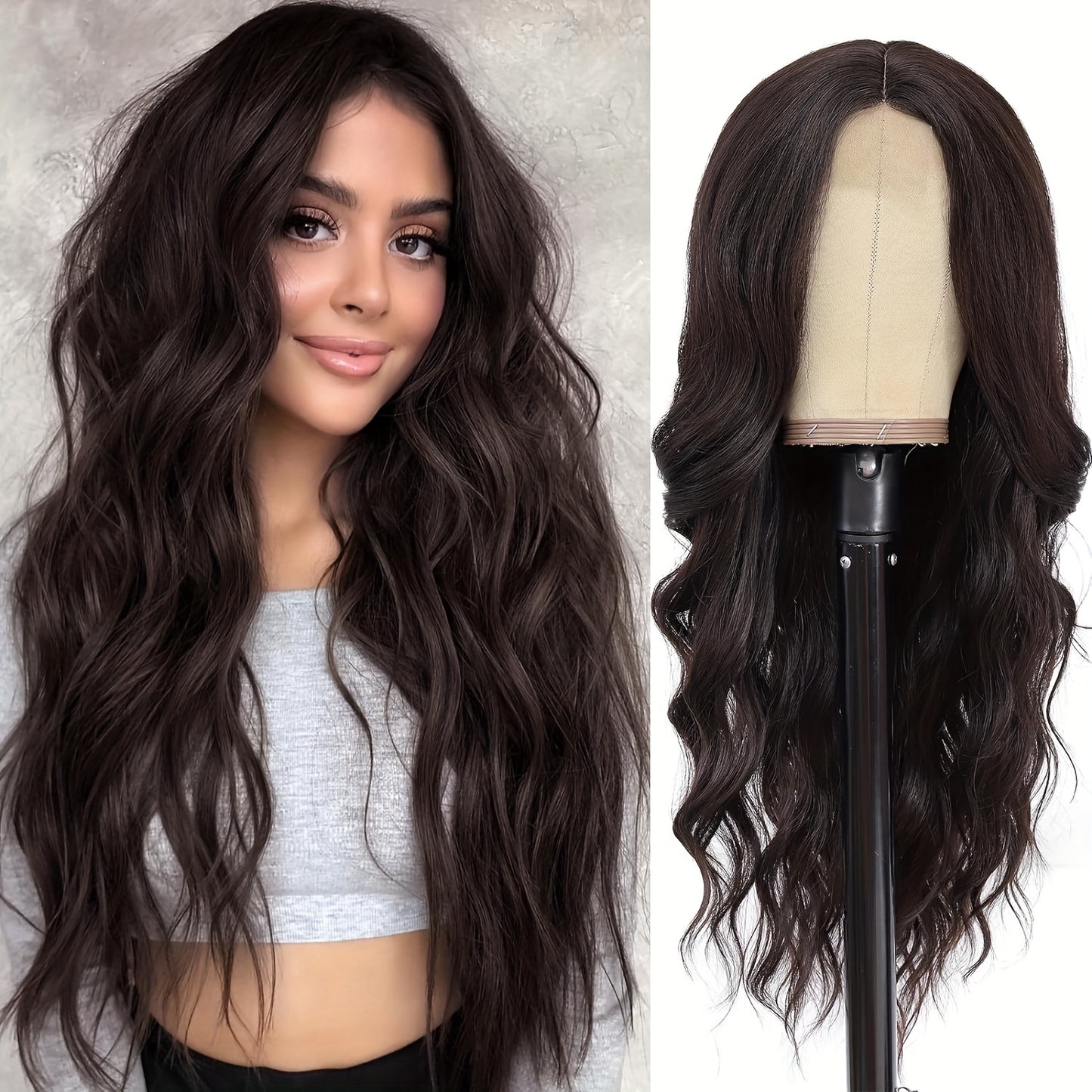 4*1 U-Part Lace Front Long Wigs For Women Middle Part Wavy Curly Wig With Dark Roots Synthetic Heat Resistant Fiber Wig For Daily Party Use (Brown With Blonde)