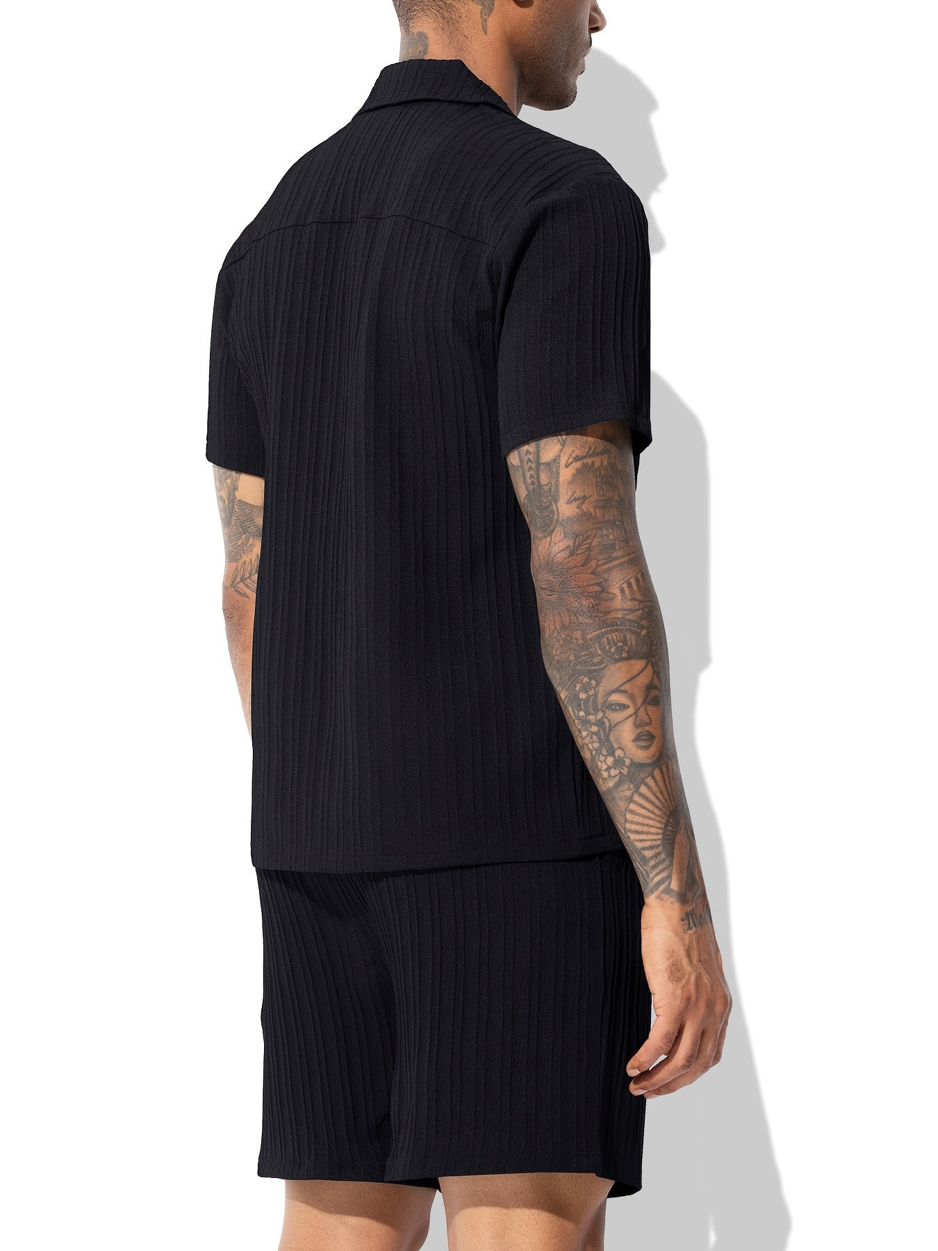 Men's Casual Shirt Set, Men's Casual Striped Shirt and Drawstring Striped Shorts Set, Men's Suit Collar Shirt Suit. Men's Summer Vacation, Everyday Wear Shirt Suit