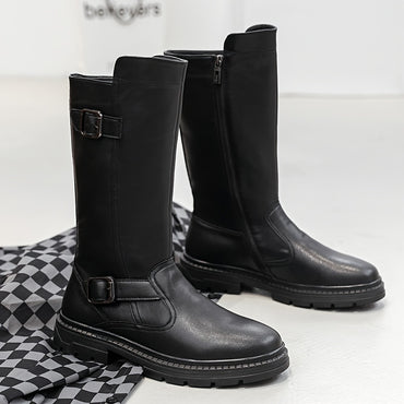 Men's Solid Color High Top Knee High Top Microfiber Upper Boots, Comfy Non Slip Durable Rubber Sole Shoes, Men's Footwear