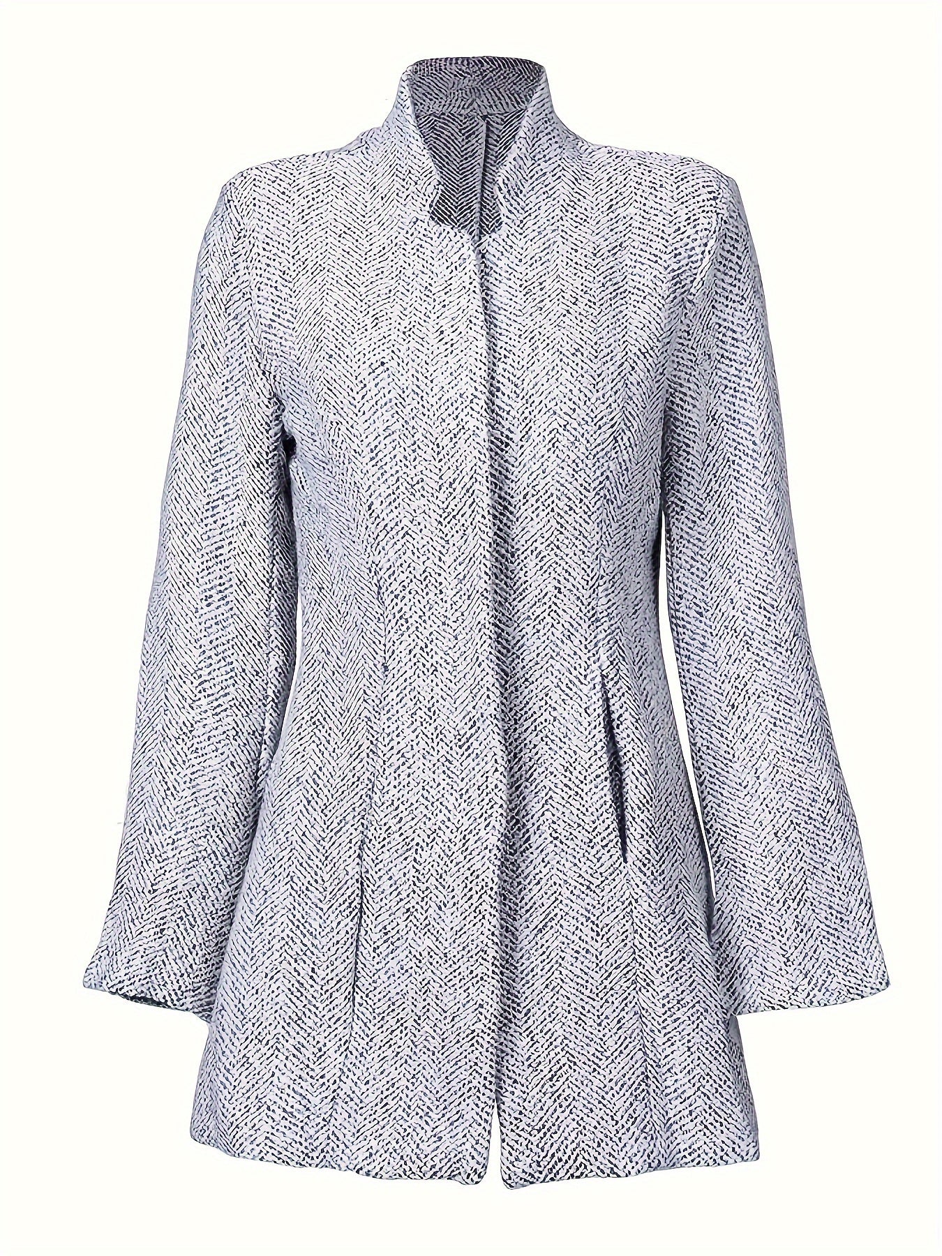 Solid Color Open Front Slim Coat, Casual Stand Neck Side Pockets Long Sleeve Coat For Winter & Fall, Women's Clothing