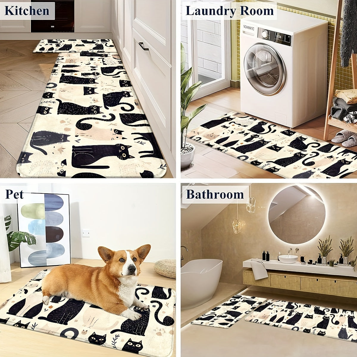 Cats Animal Kitchen Mats: Non-slip, Durable Bathroom Pads, Comfortable Standing Runner Rugs, Carpets for Kitchen, Home, Office, Sink, Laundry Room, Bathroom, Spring Decor, Available in Different Sizes