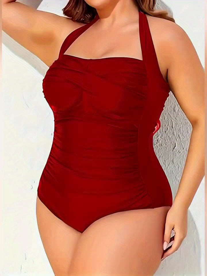 Plus Size Women's Retro One-Shoulder Ruched Tummy Control Swimsuit - High Elasticity Adjustable Side Ties, Solid Black Elegant Bathing Suit for Beach & Pool, Comfortable Swimwear | Smooth Texture Fabric, High Waisted Swimsuit