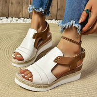 Women's Comfy Mid-Heel Wedge Sandals - Open-Toe, Buckle Ankle Strap, Chic Geometric Colorblock for Summer Elegance