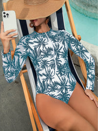 Womens Tropical Print One-Piece Swimsuit - Removable Padded, Long Sleeves, Half Zipper, Crew Neck, Medium Stretch, Quick-Dry Polyester - Surfing Water Sports Competitive Bathing Suit