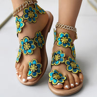 [Flowers Flat Women's Sandals] Women's Flowers Flat Sandals, Fashion Toe Loop Faux Pearl Slip On Shoes, Casual Beach Travel Sandals